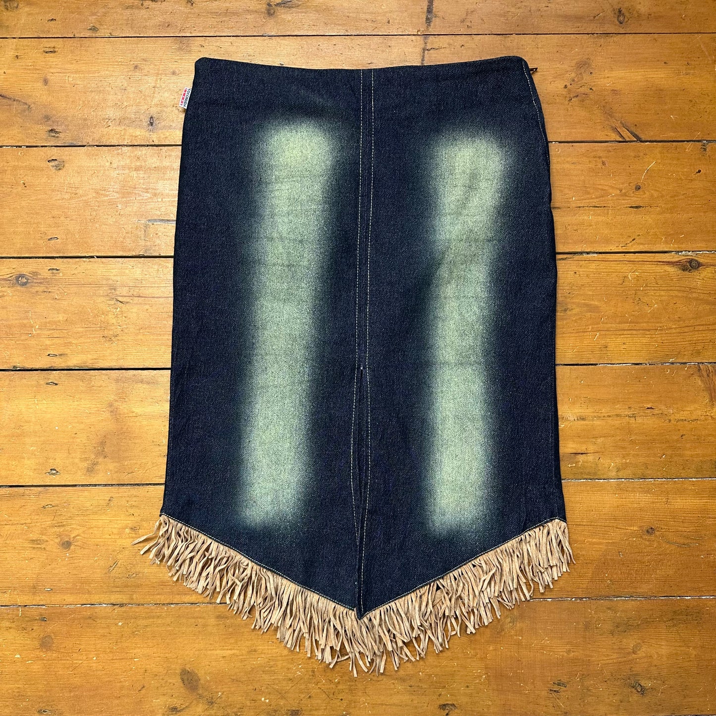 vintage 00s dark wash fringe midi skirt