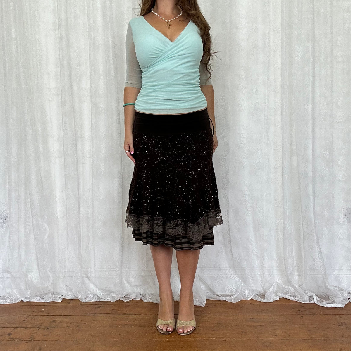 vintage 00s brown knitted lace fairy midi skirt