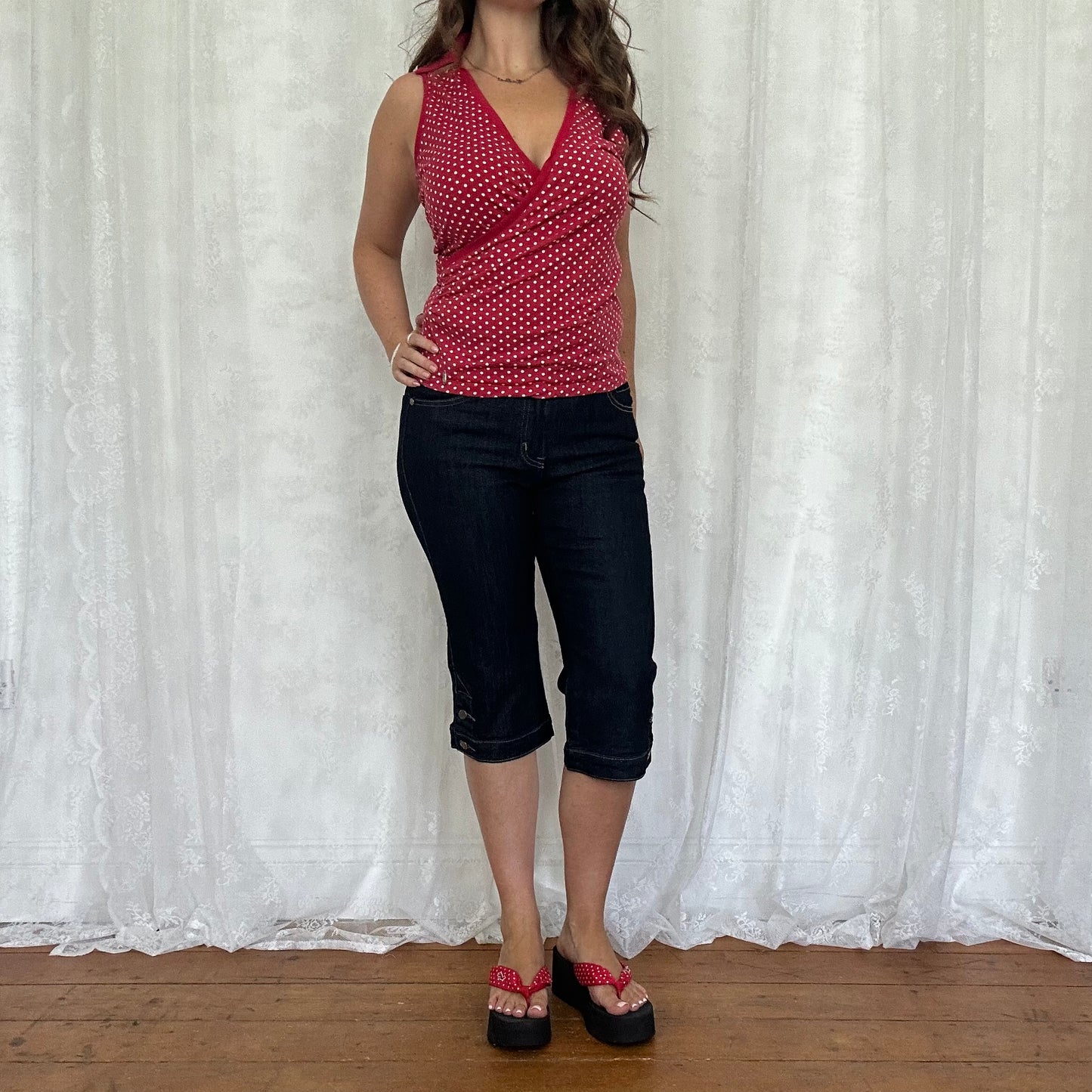 vintage 00s red polka dot collared top