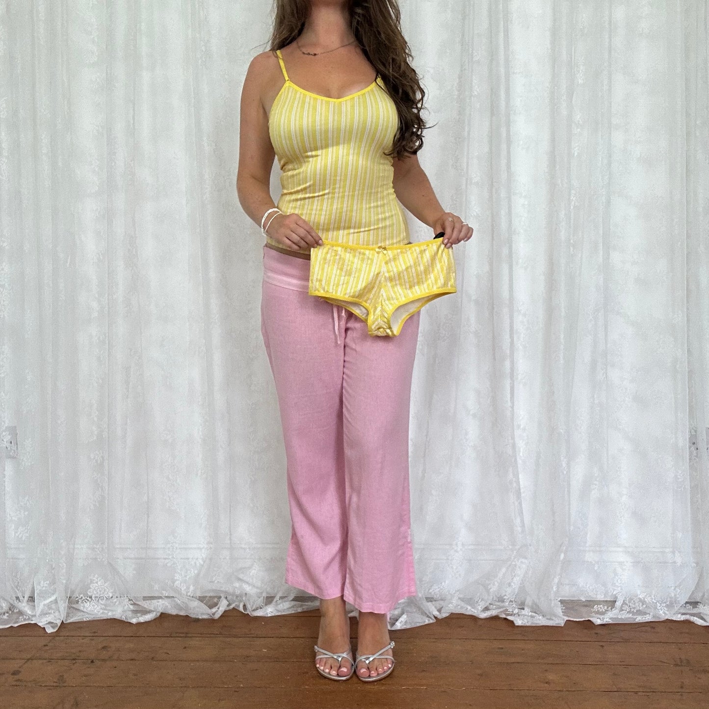 vintage 00s yellow striped cami matching set