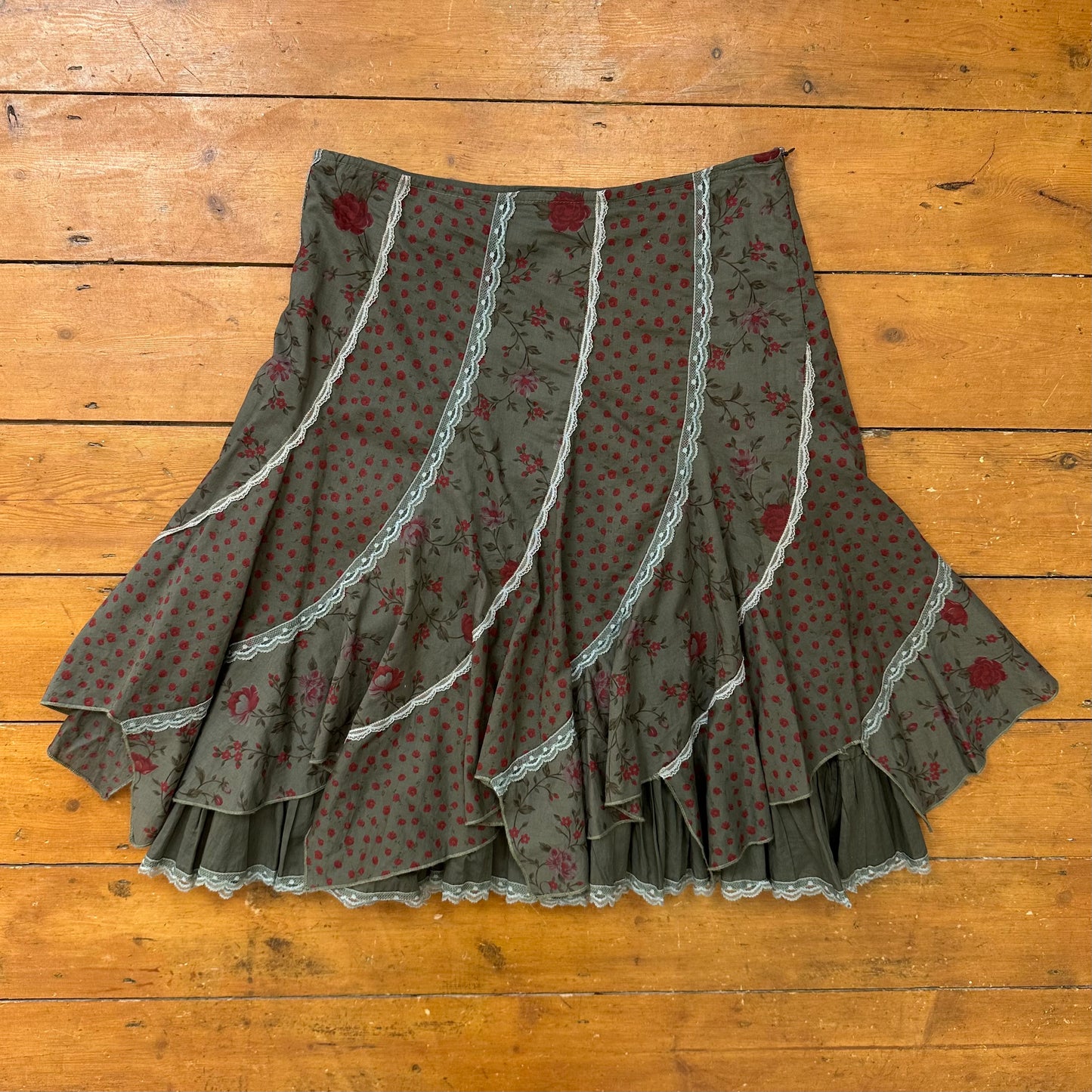 vintage 00s khaki floral midi skirt
