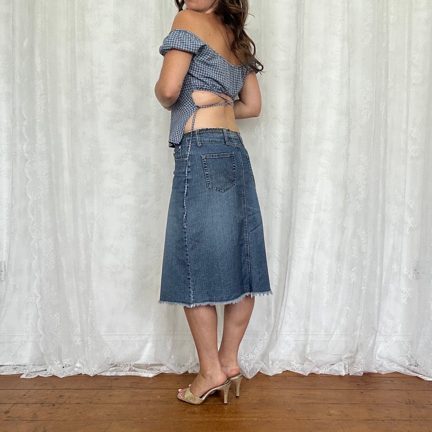 vintage 00s pimkie blue checkered tie back milkmaid top