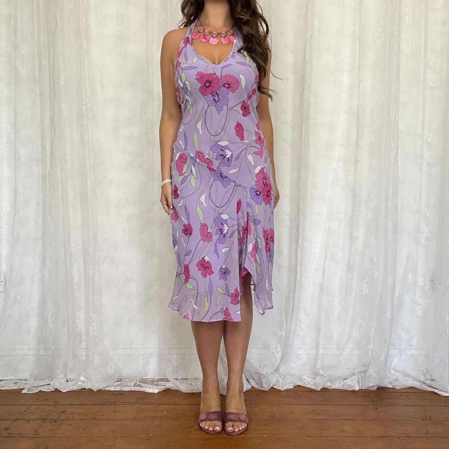 vintage 00s purple floral halter midi dress
