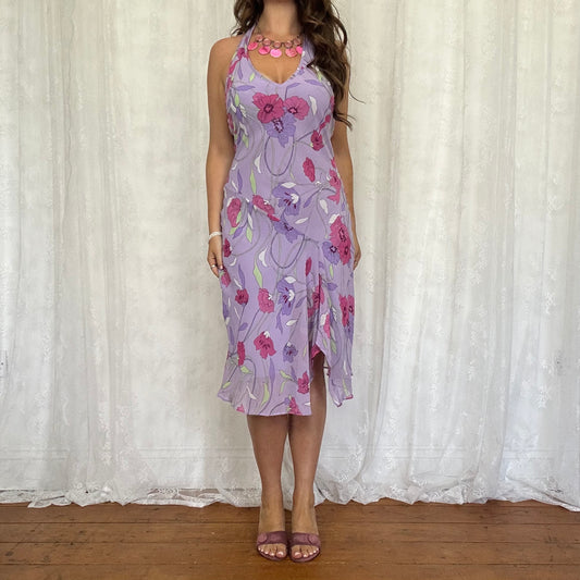 vintage 00s purple floral halter midi dress
