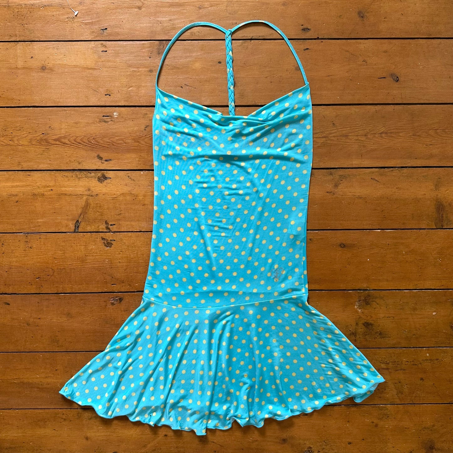 vintage 00s slinky blue and yellow polka dot mini dress