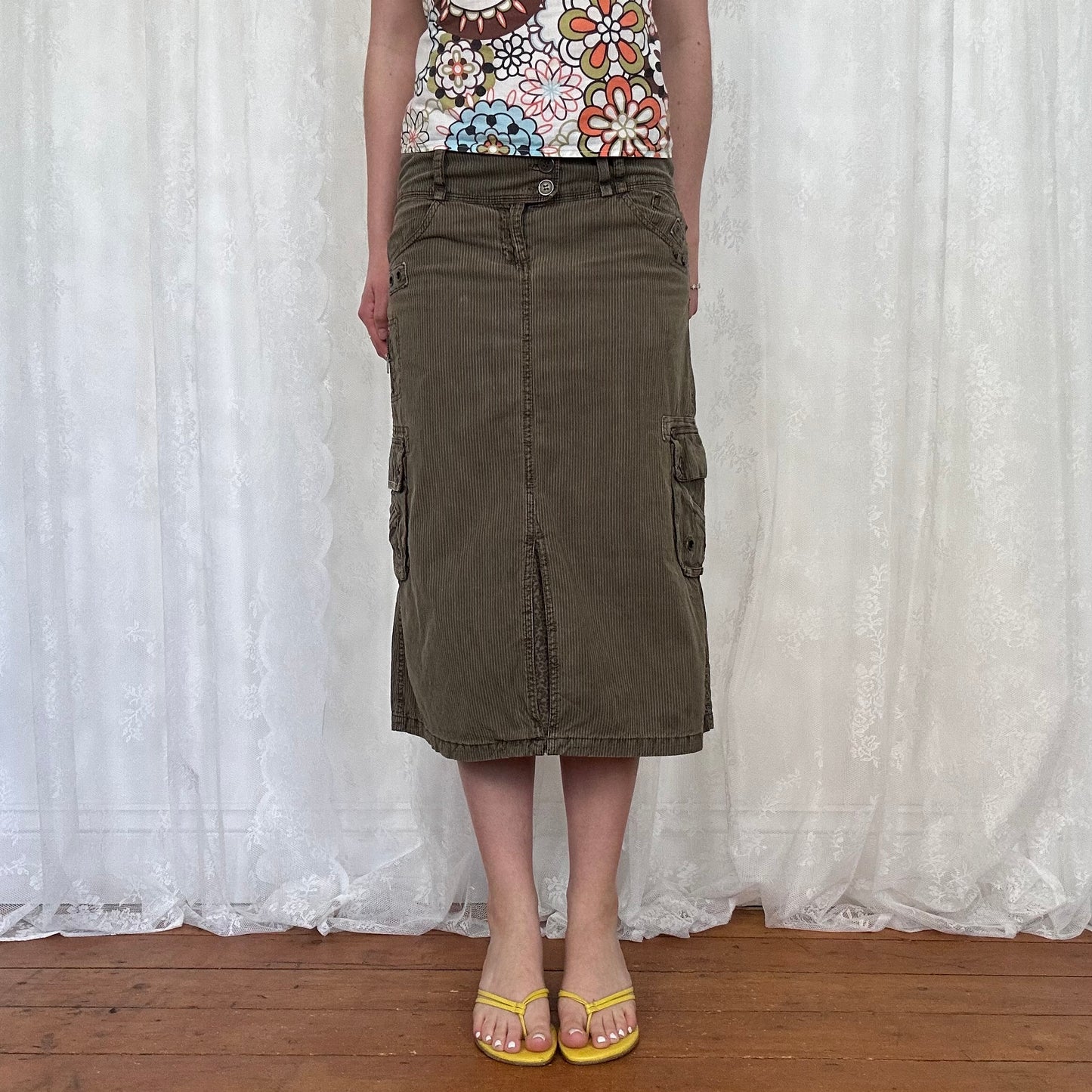 vintage 00s khaki and brown pinstripe cargo midi skirt