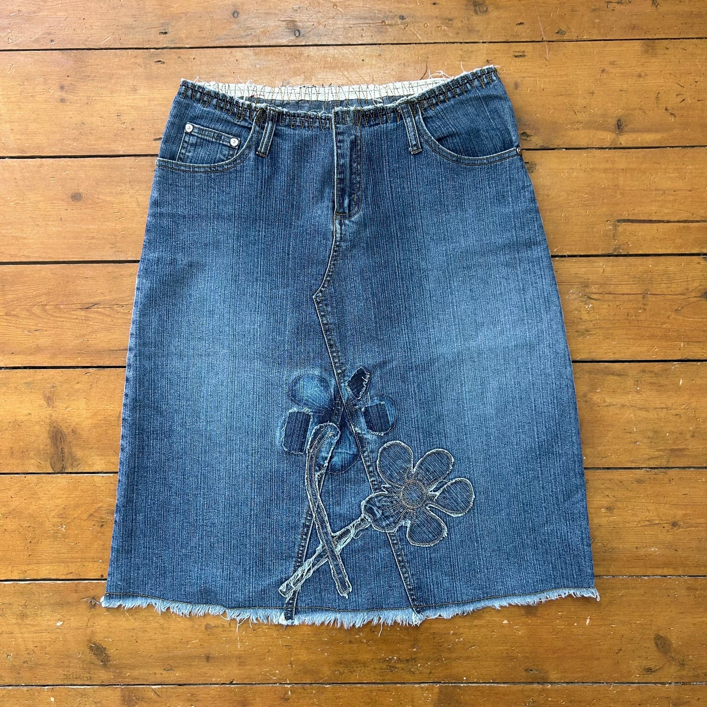 vintage 00s denim floral midi skirt