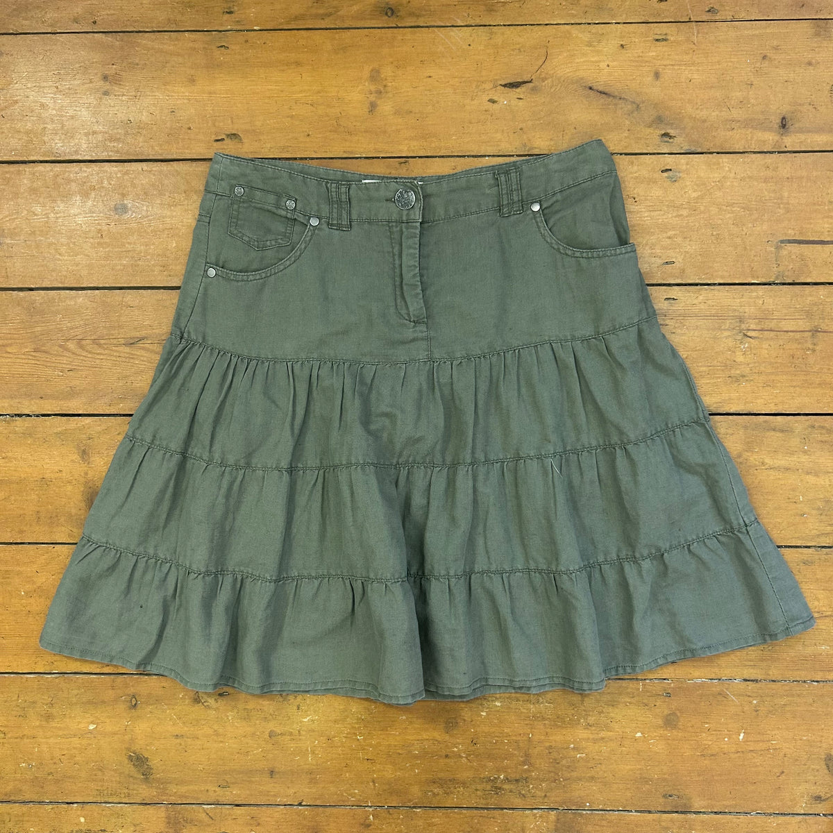 vintage 00s khaki tiered midi skirt