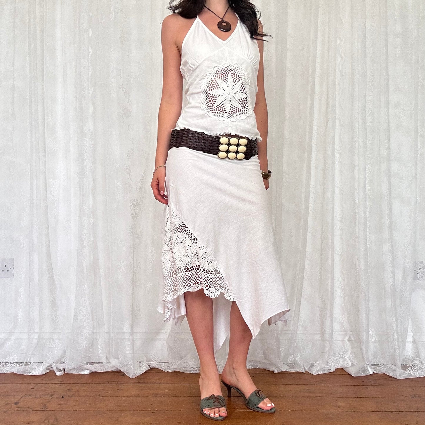 vintage 00s white crochet detail halter top and asymmetrical midi skirt co ord