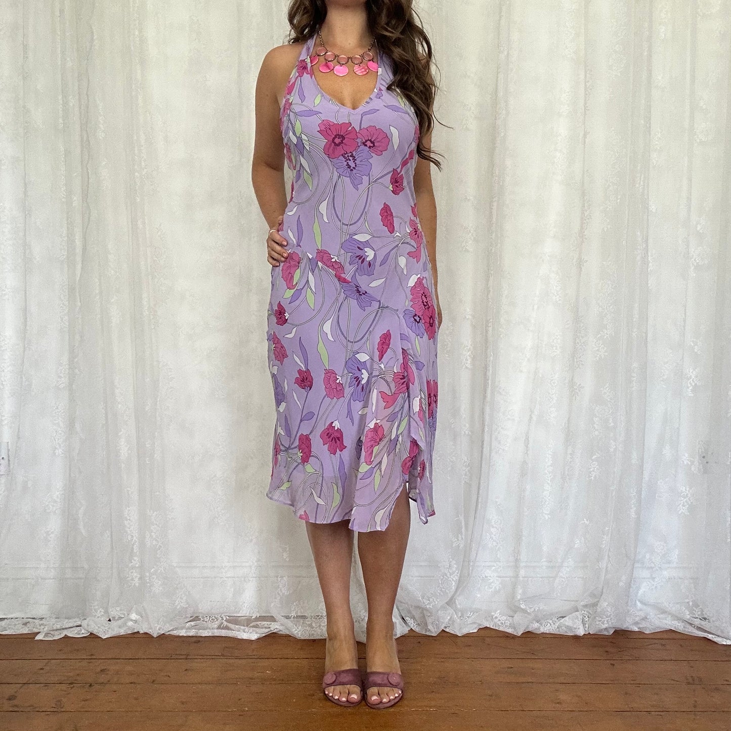 vintage 00s purple floral halter midi dress