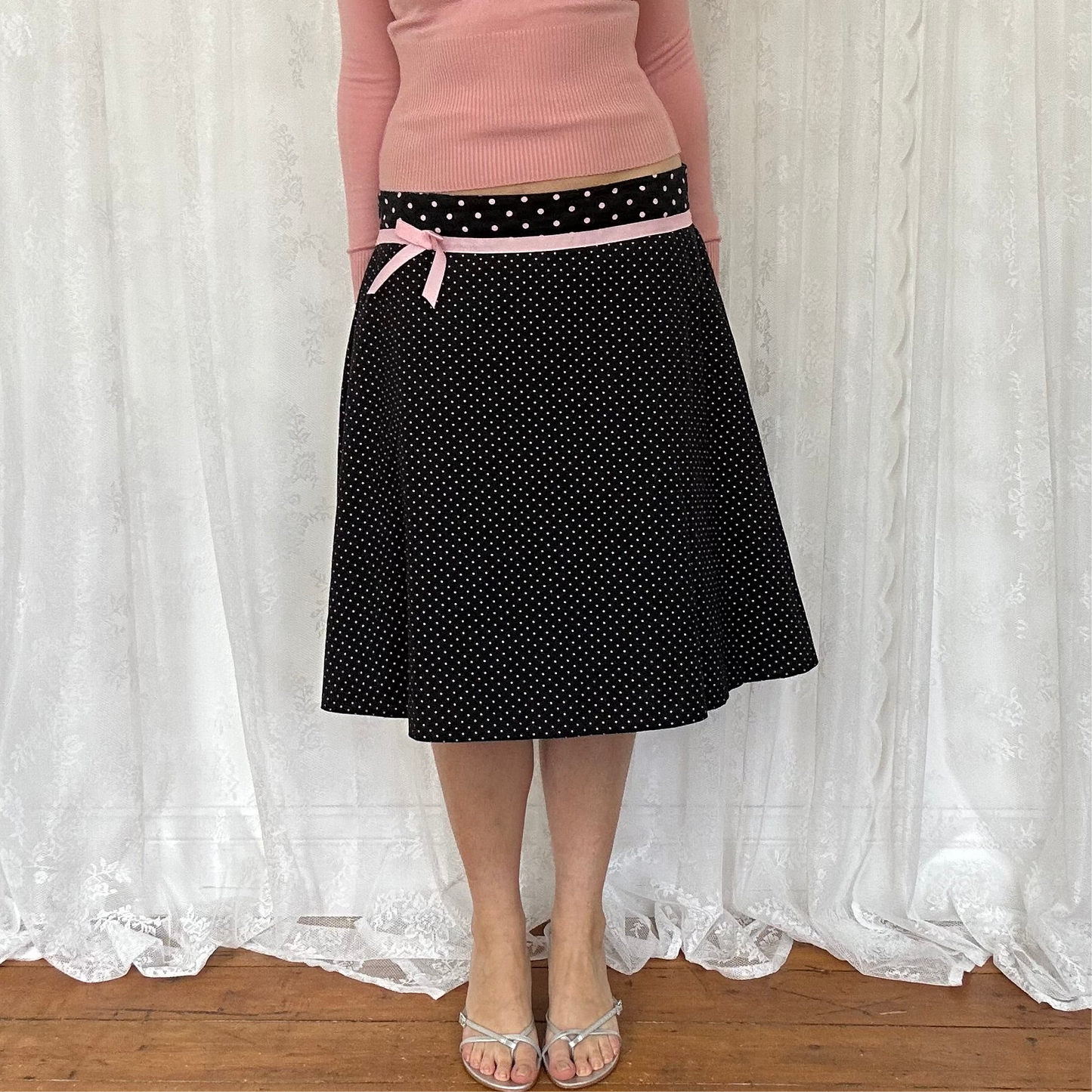 vintage 00s black and pink polka dot midi skirt