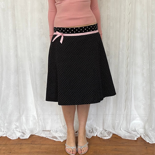 vintage 00s black and pink polka dot midi skirt