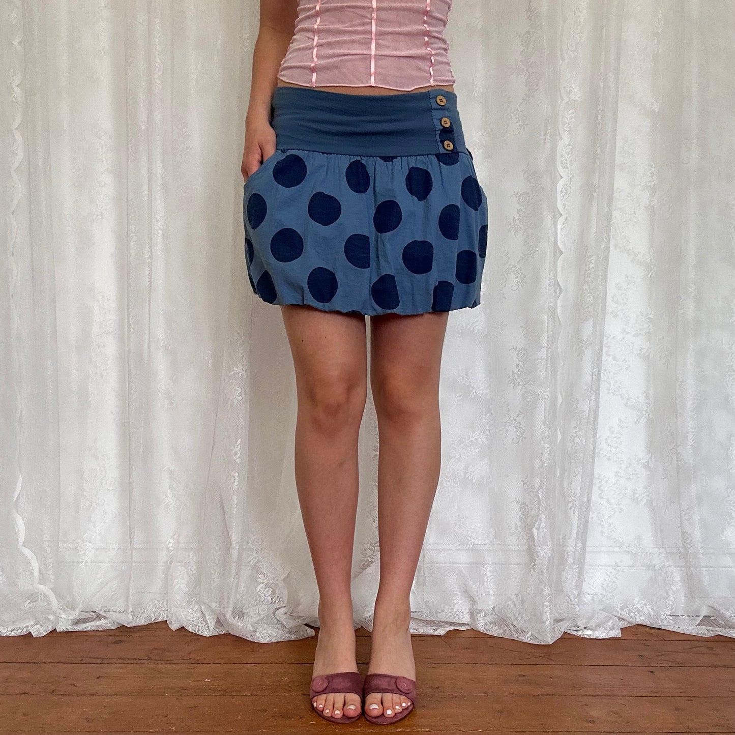 vintage 00s blue polka dot puffball skirt