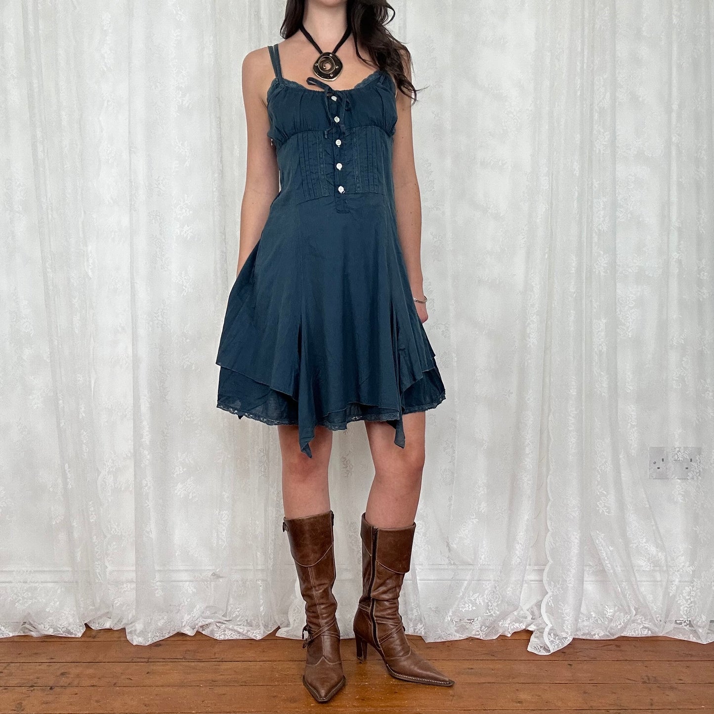 vintage 00s ink blue broderie midi dress