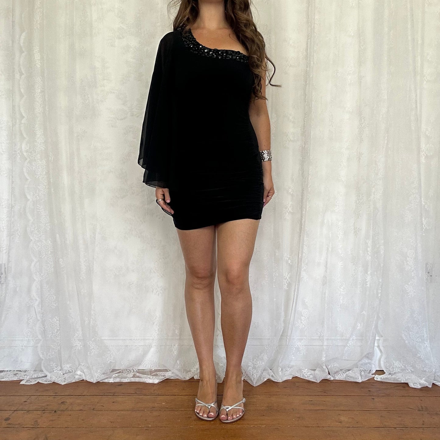 vintage 00s black one shoulder club dress