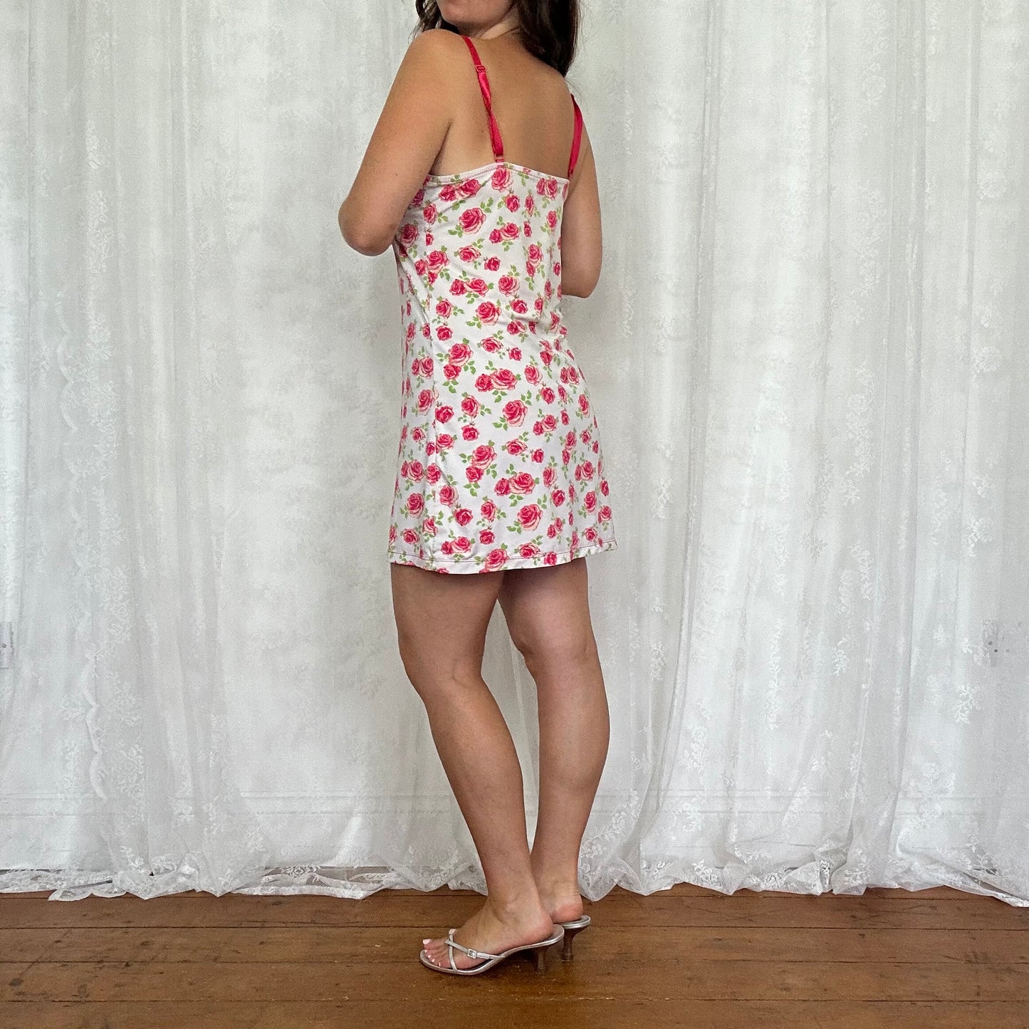 vintage 00s white and pink floral slip dress