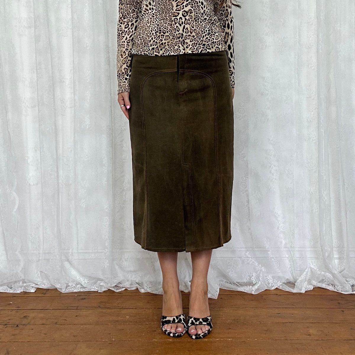 vintage 00s brown contrast stitch midi skirt