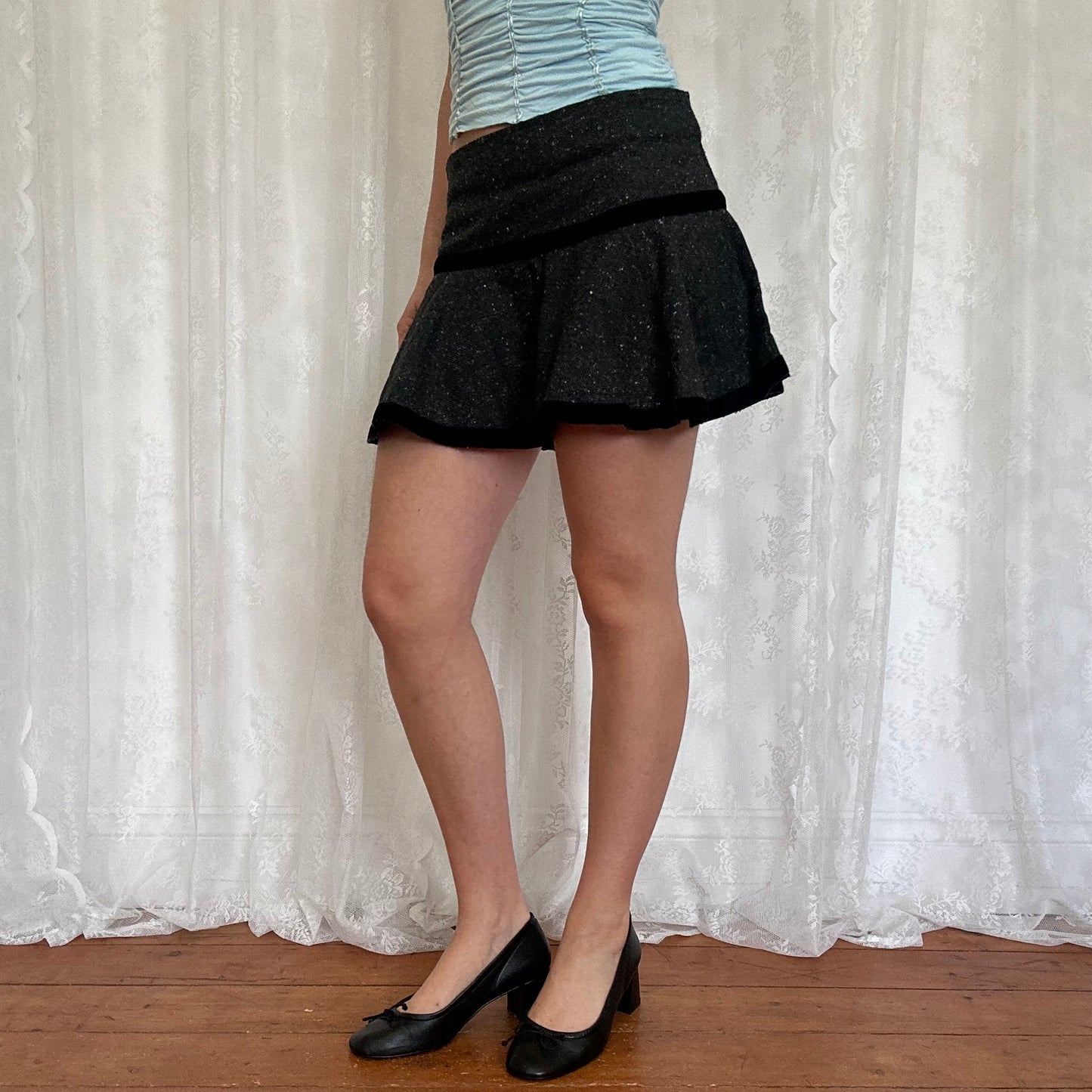 vintage 00s grey tweed office siren mini skirt
