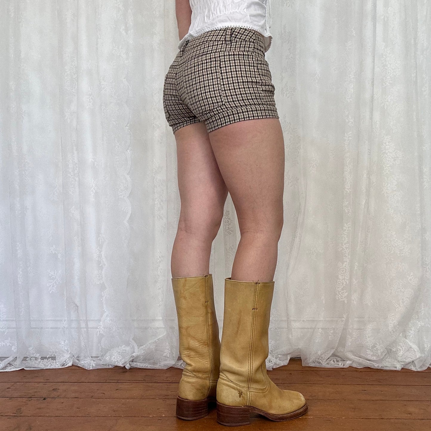 vintage 00s brown houndstooth mini shorts