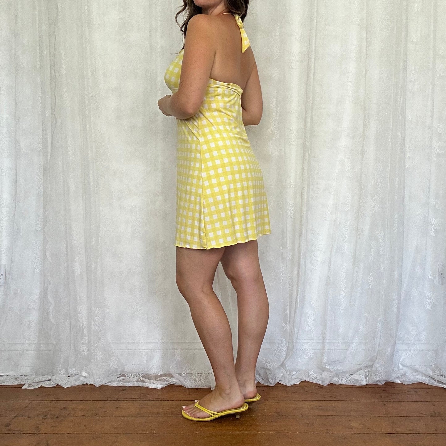vintage 00s yellow gingham halter dress