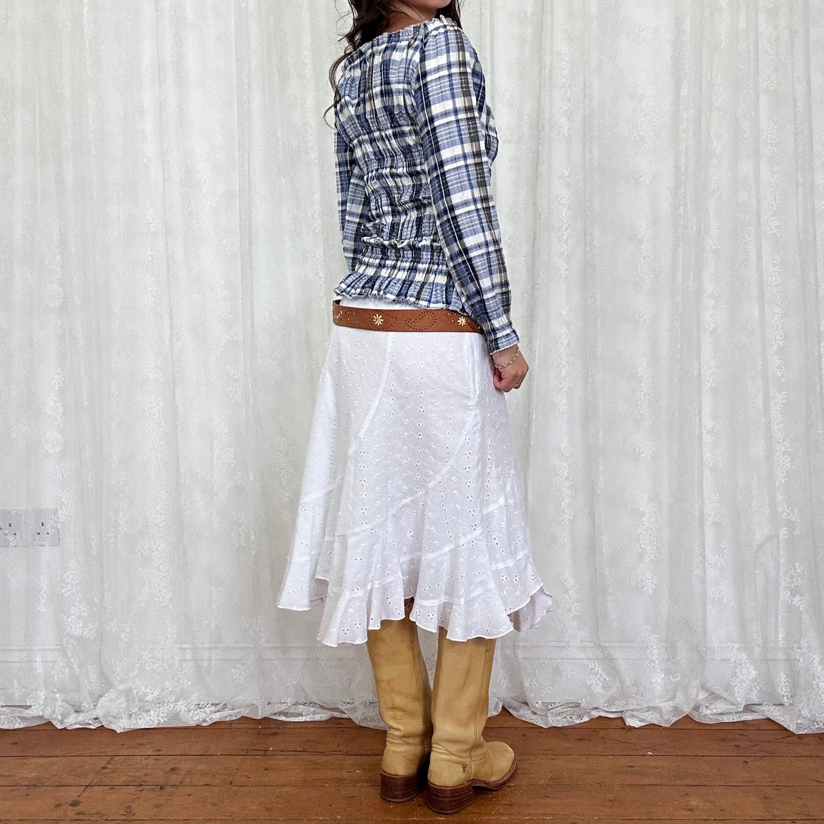 vintage 00s navy gingham milkmaid long sleeve top