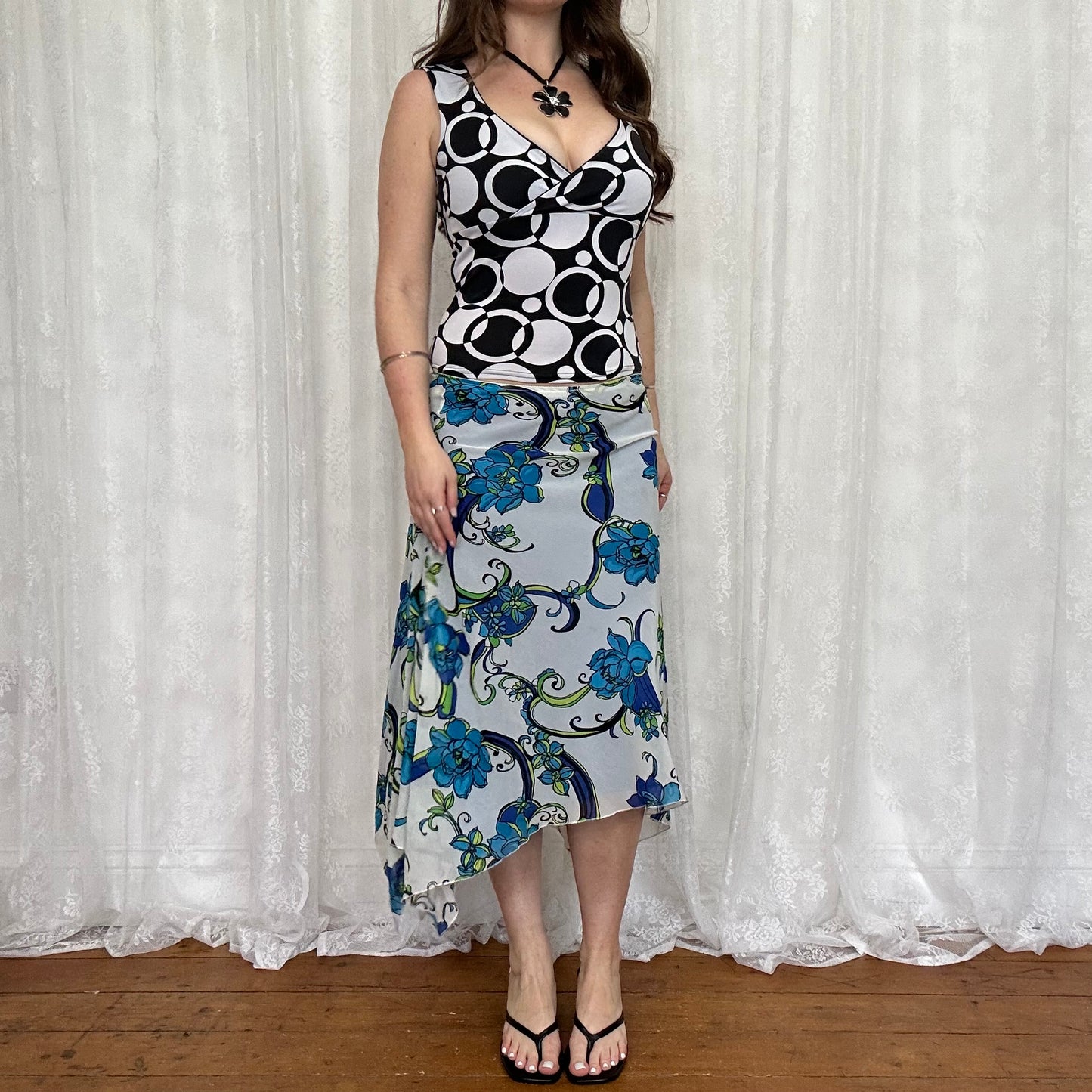 vintage 00s blue floral asymmetrical midi skirt