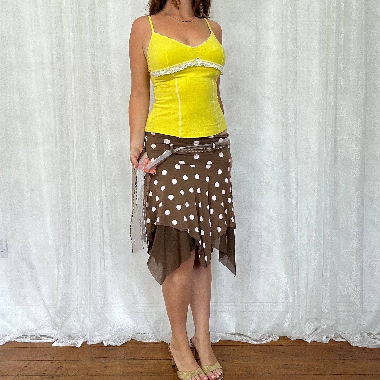 vintage 00s brown polka dot midi skirt with asymmetrical hem