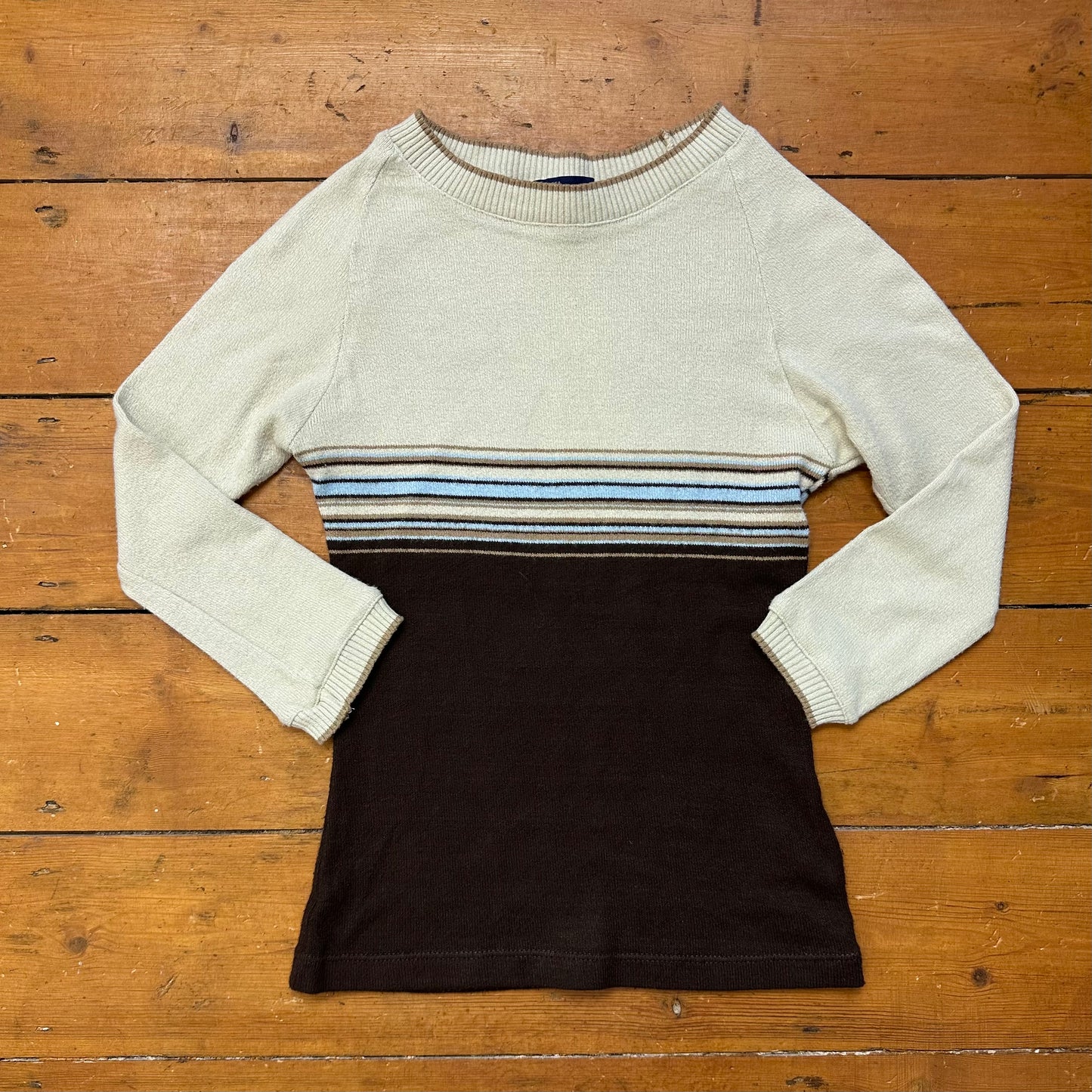 vintage 00s brown and blue crop sleeve knitted top