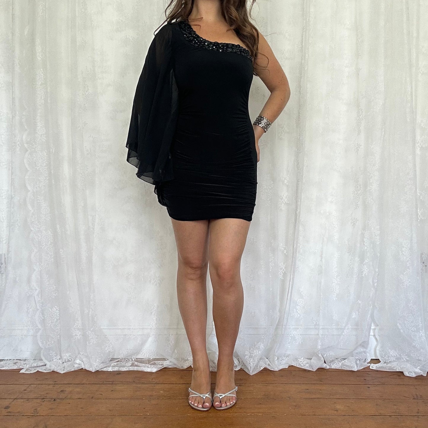 vintage 00s black one shoulder club dress