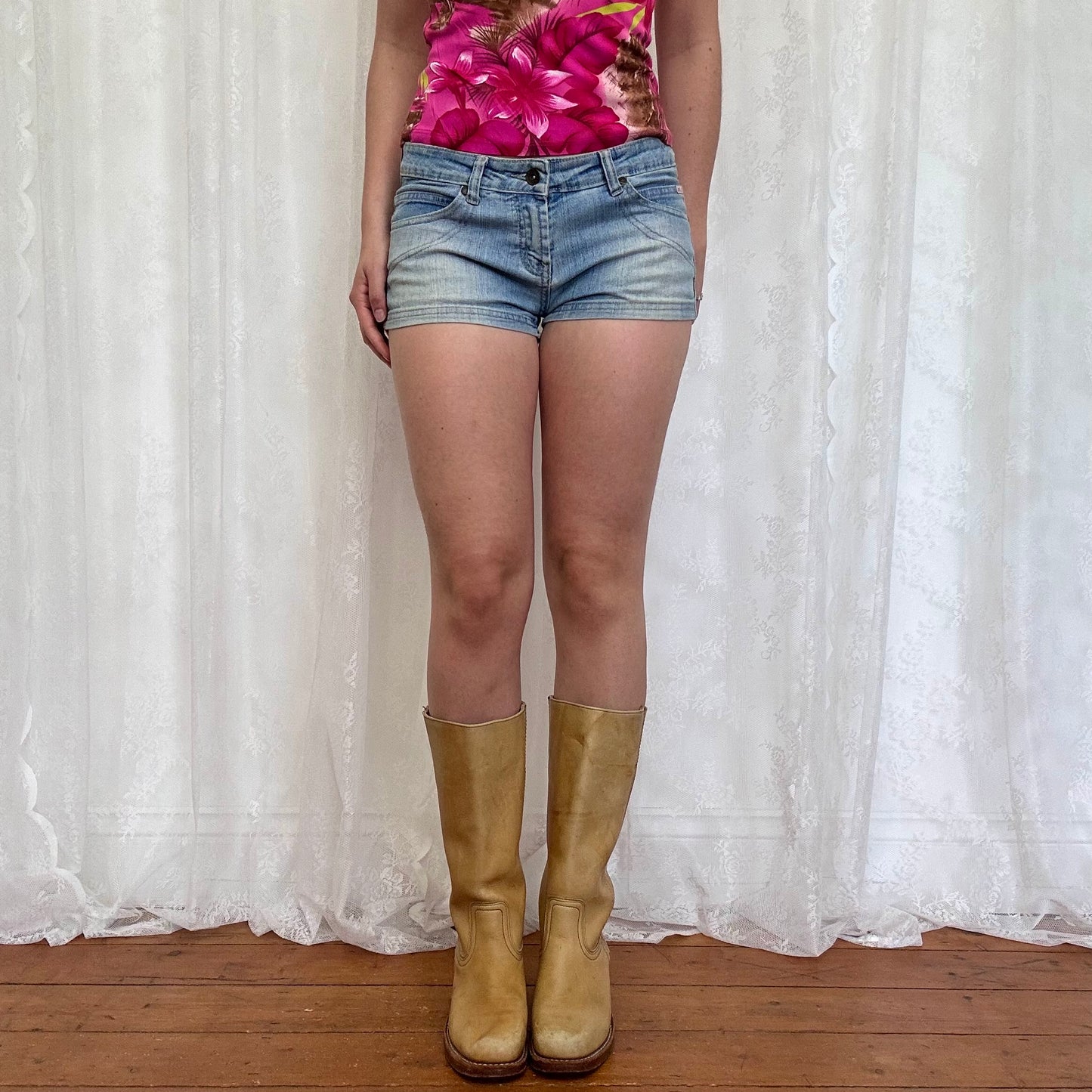vintage 00s denim micro mini shorts with pink back pocket embroidery
