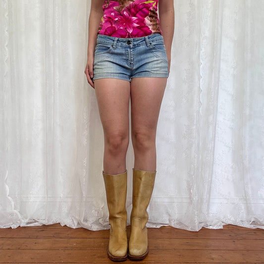vintage 00s denim micro mini shorts with pink back pocket embroidery