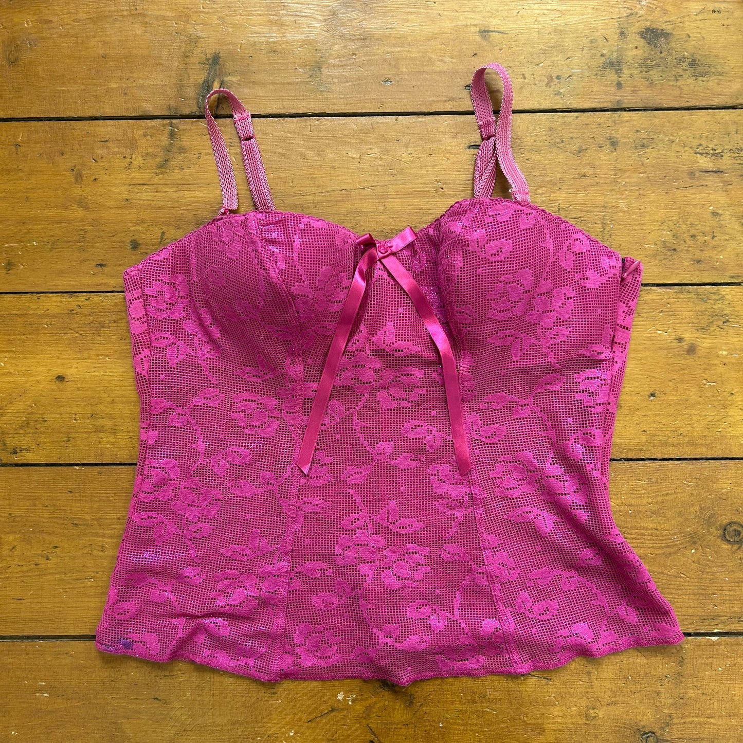 vintage 00s hot pink crochet patterned corset cami