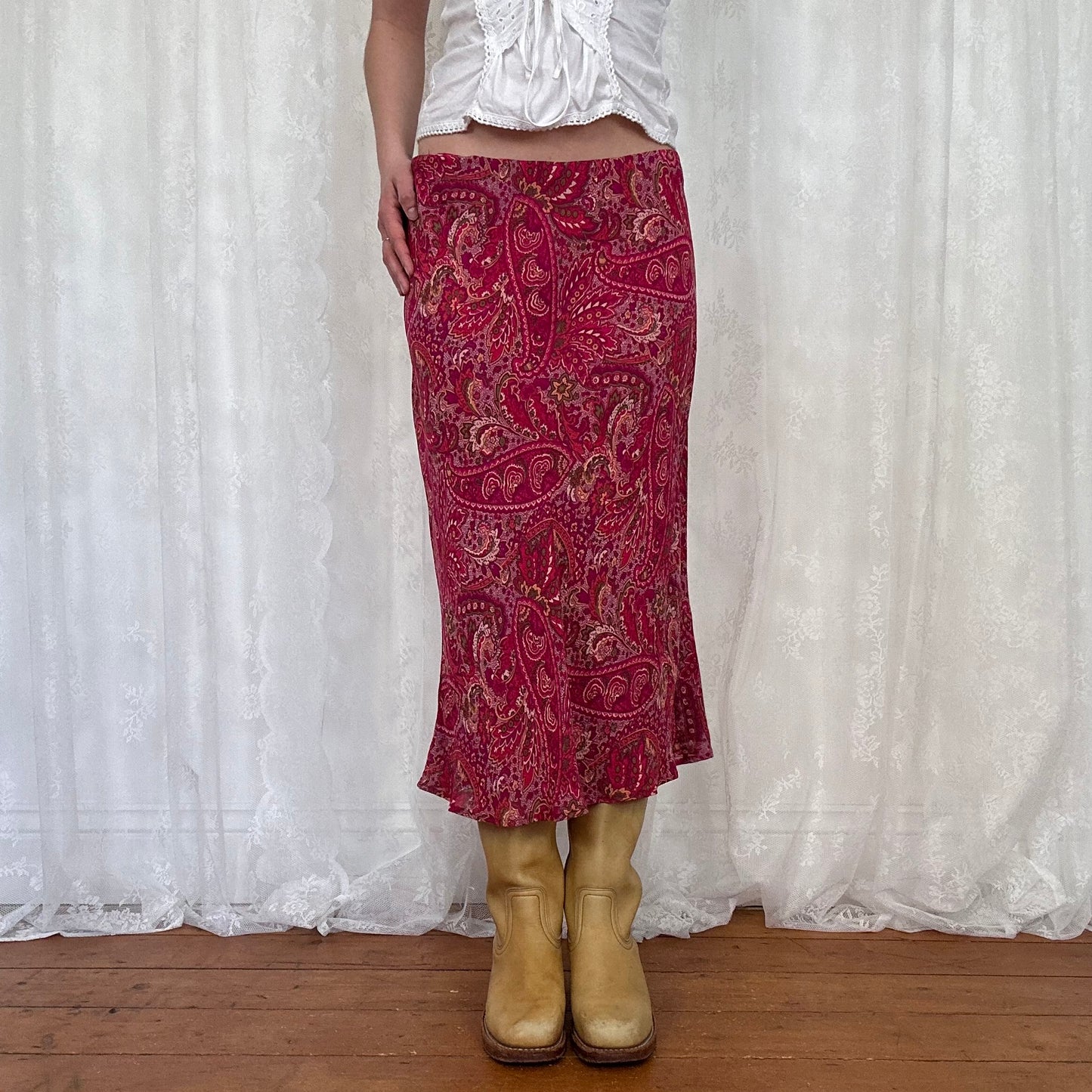 vintage 00s pink paisley print midi skirt