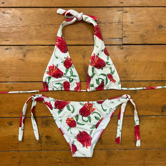 vintage 00s white and red beaded floral bikini set