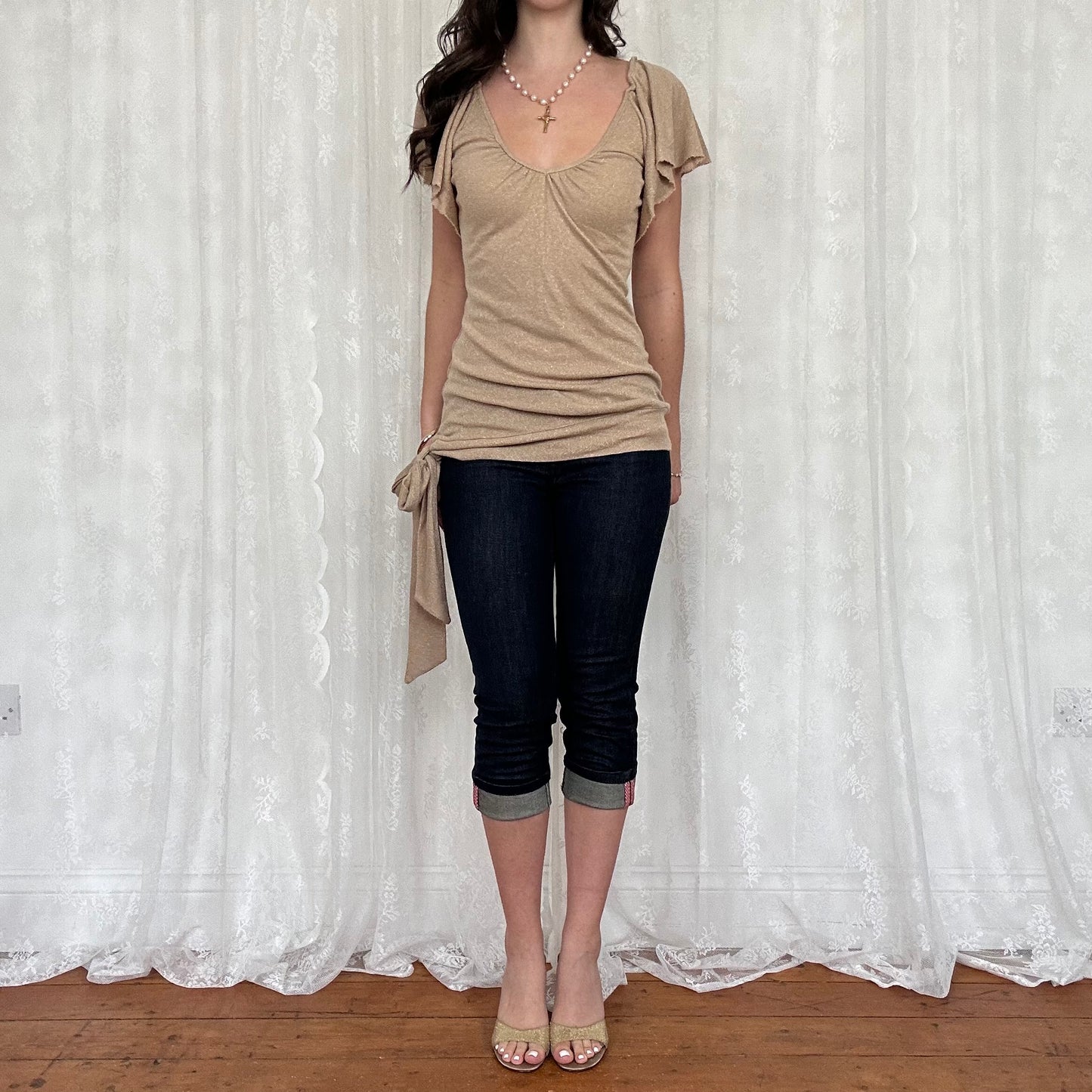 vintage 00s gold shimmery tie waist top