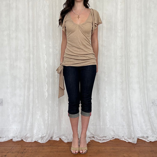 vintage 00s gold shimmery tie waist top