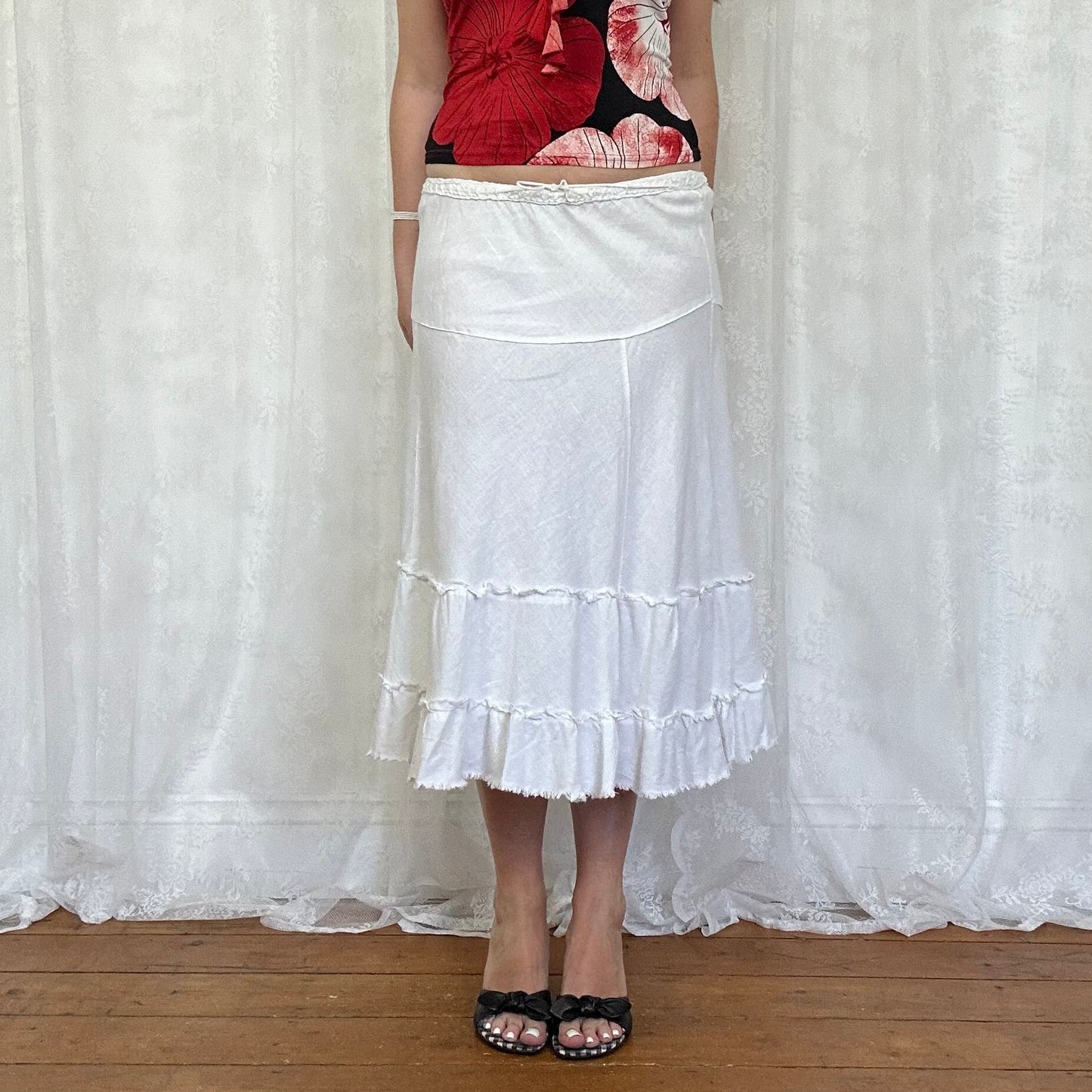 vintage 00s white tiered midi skirt