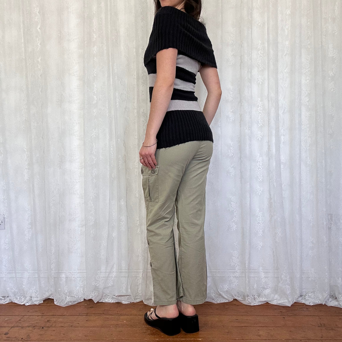 vintage 00s black and grey striped off shoulder jumper