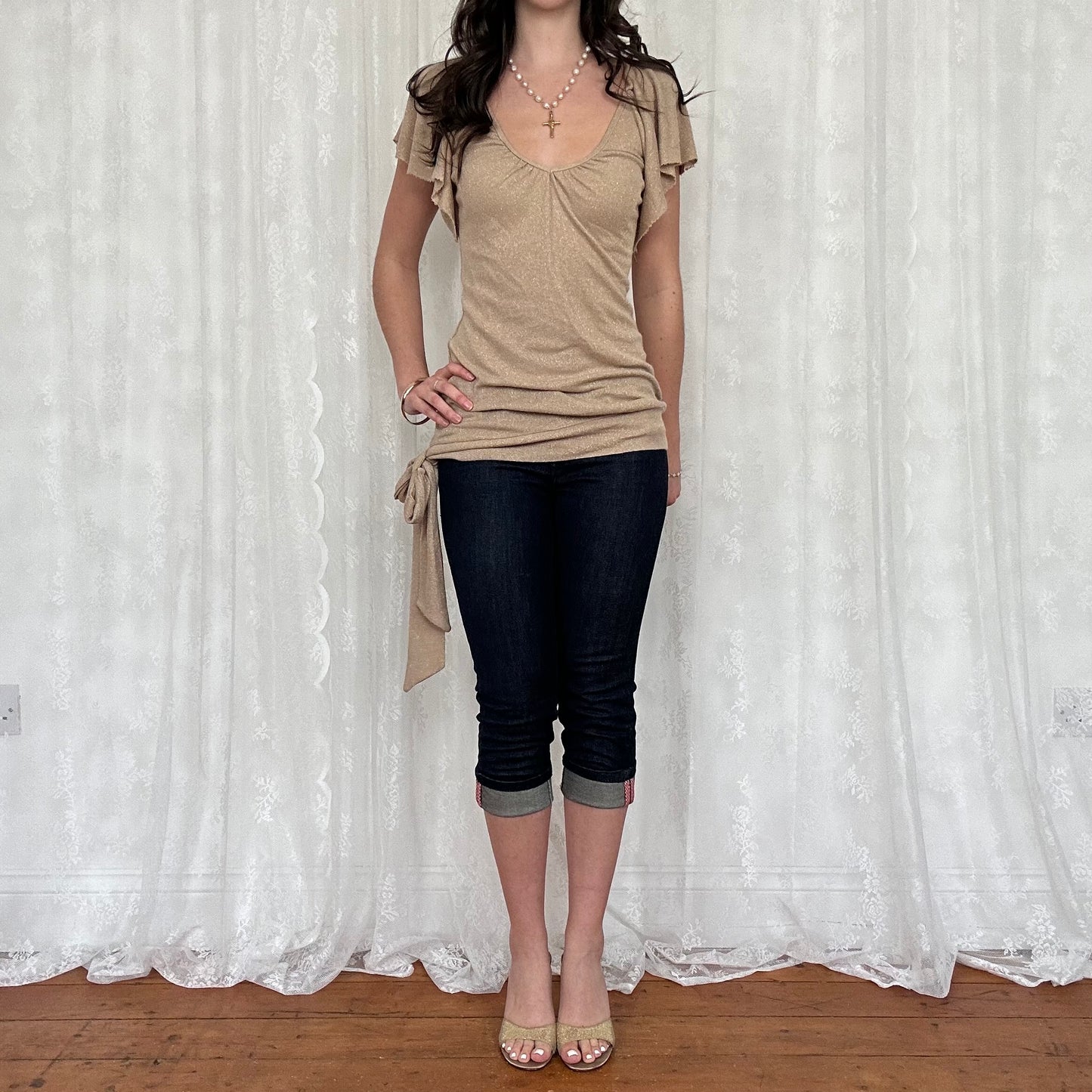 vintage 00s gold shimmery tie waist top