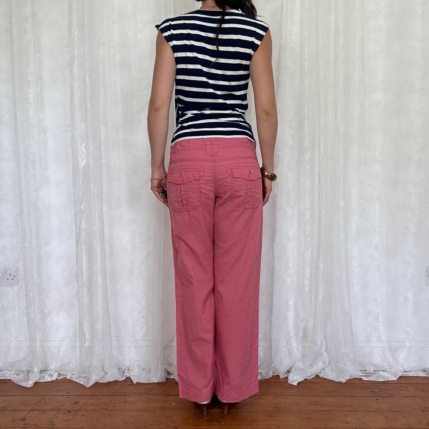 vintage 00s navy and white striped crossover top