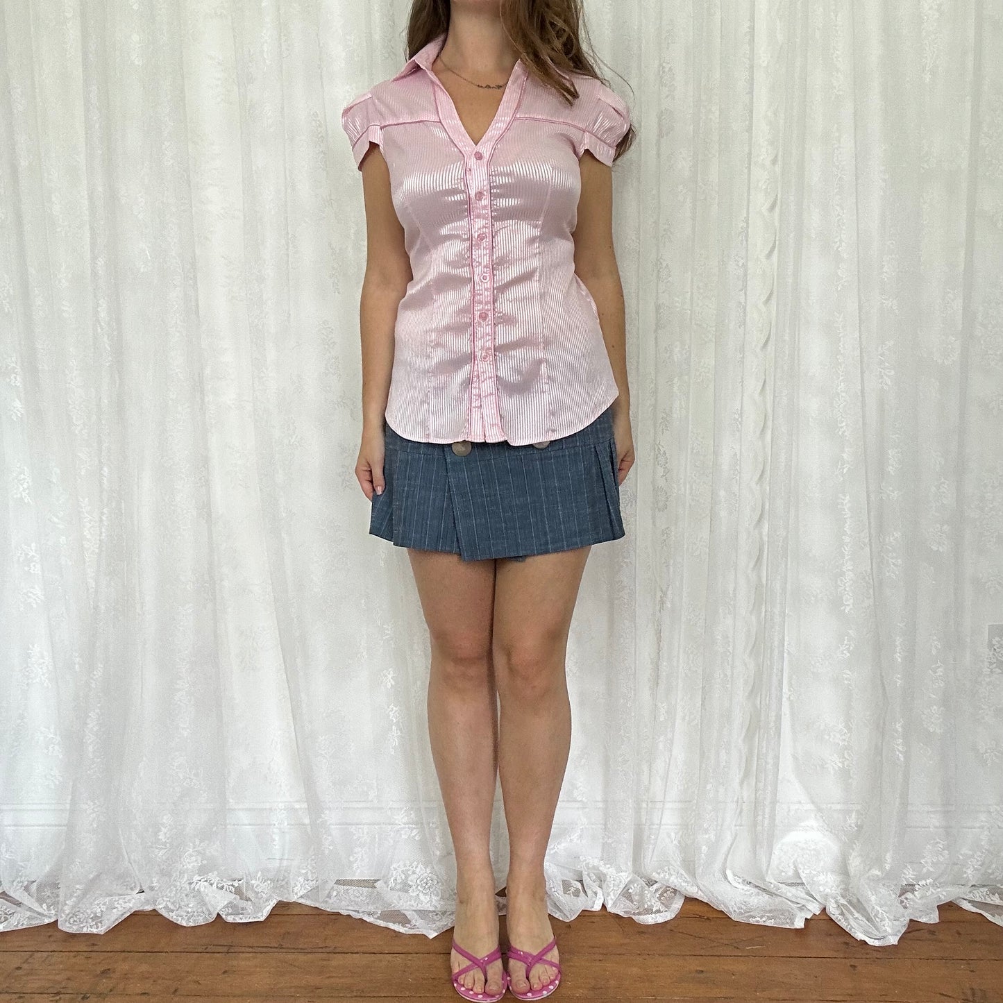 vintage 00s pink pinstripe short sleeve shirt