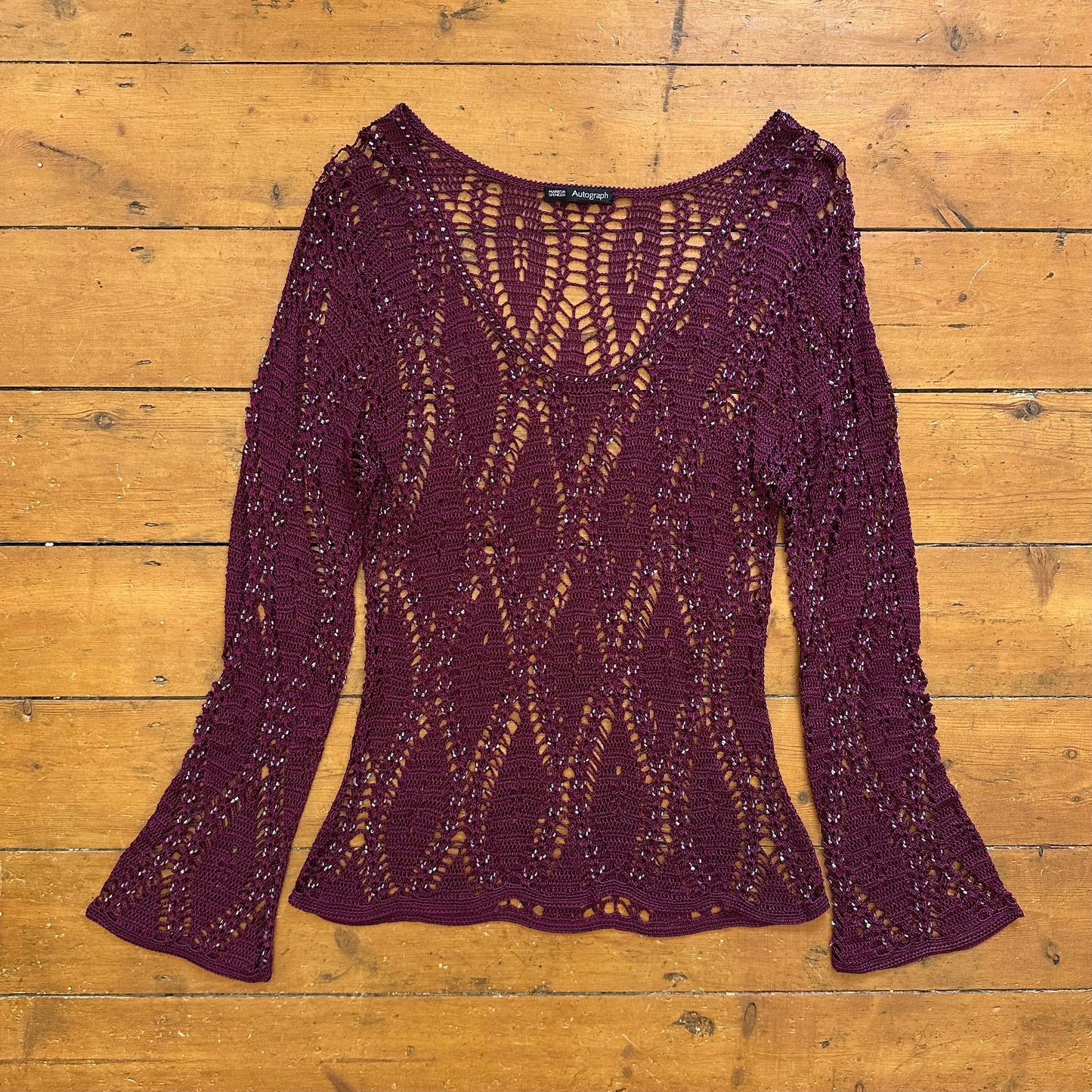 vintage 00s burgundy beaded crochet long sleeve top
