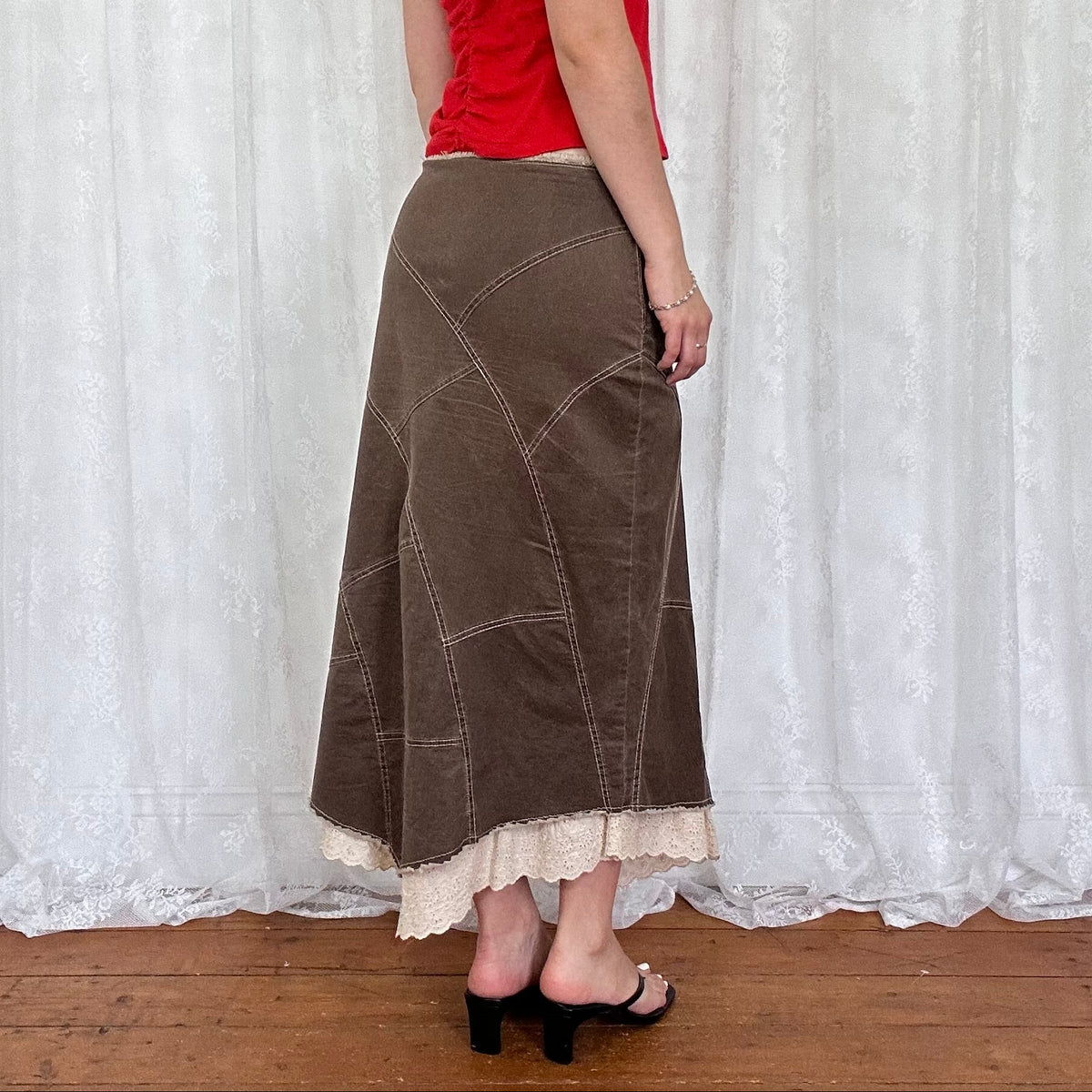 vintage 00s brown patchwork maxi skirt