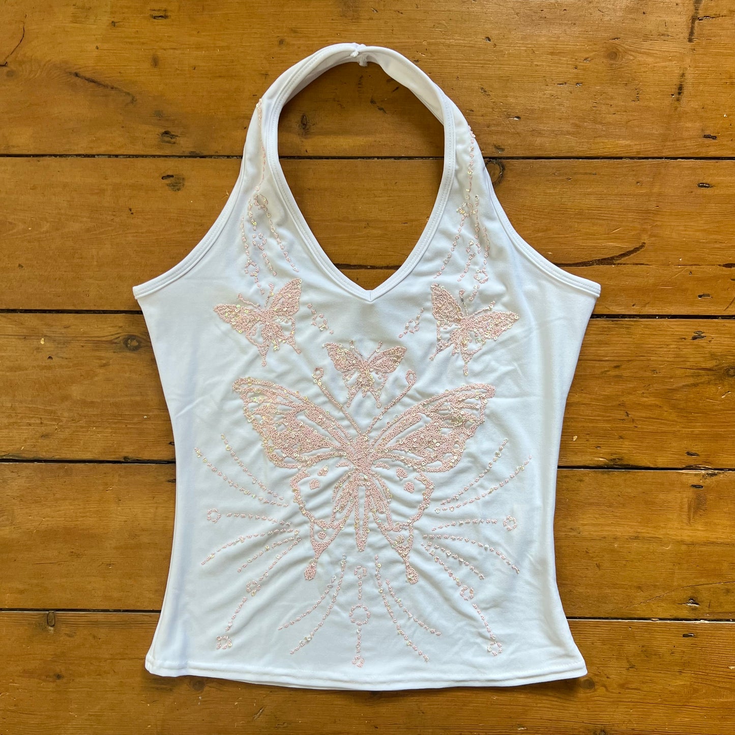 vintage 00s white beaded butterfly halter neck top
