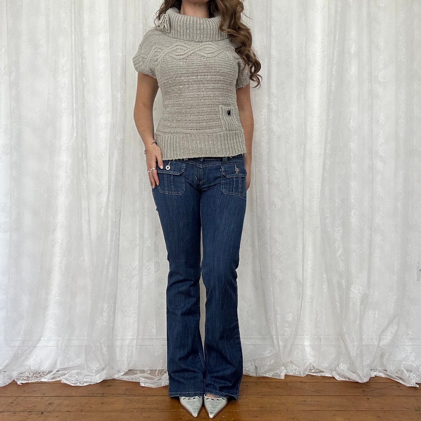 vintage 00s grey chunky knit short sleeve jumper