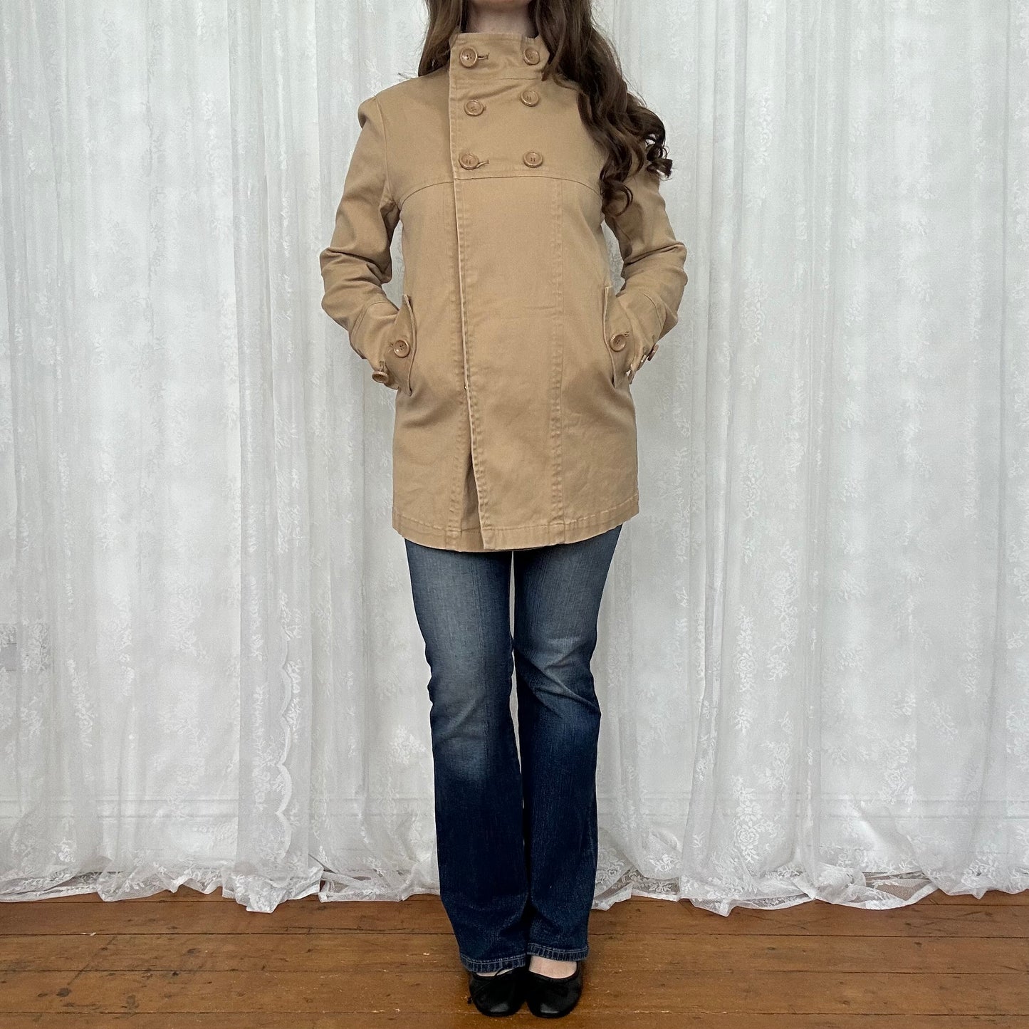 vintage 00s tan double breasted peacoat
