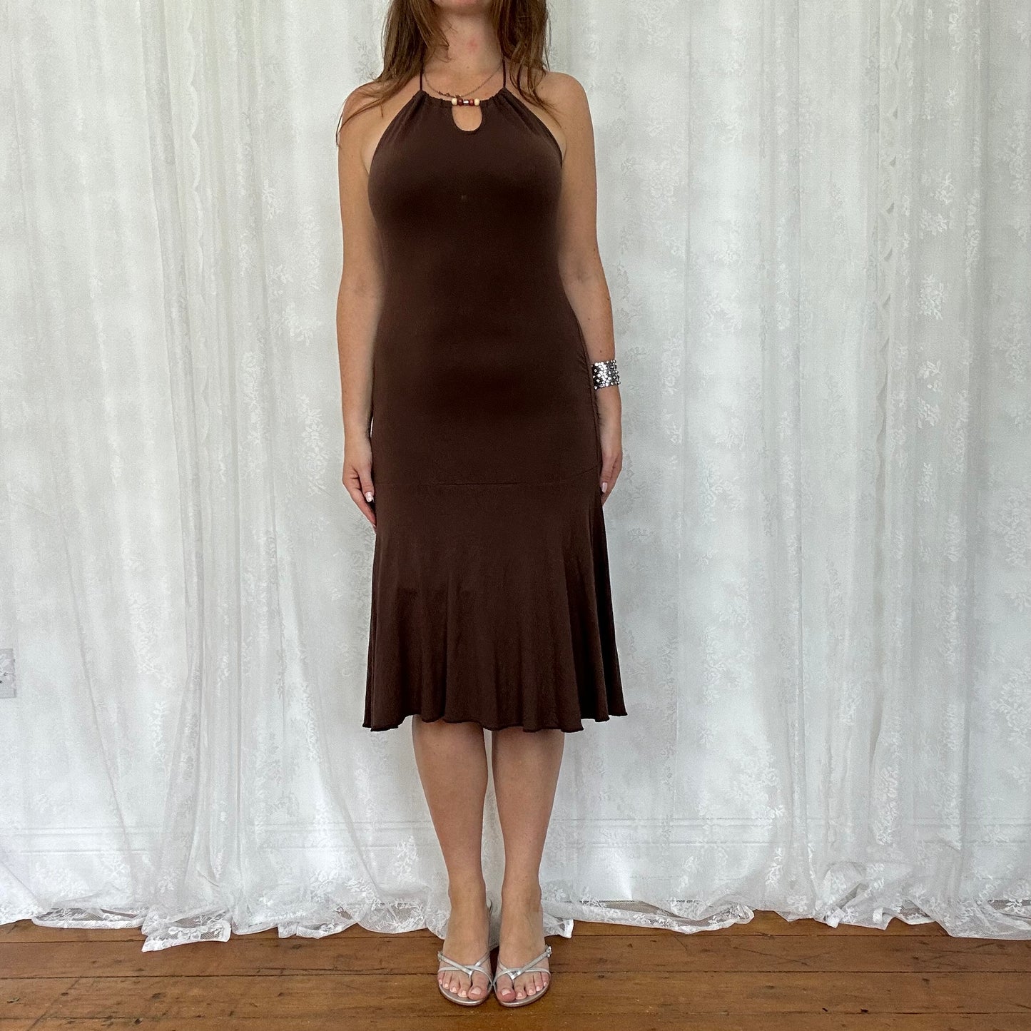vintage 00s brown halter midi dress with bead detailing