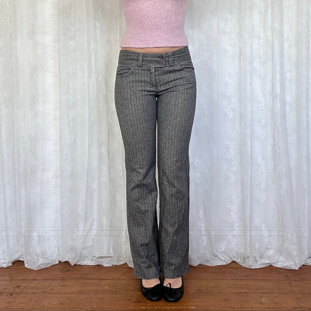vintage 00s grey pinstripe low rise suit trousers