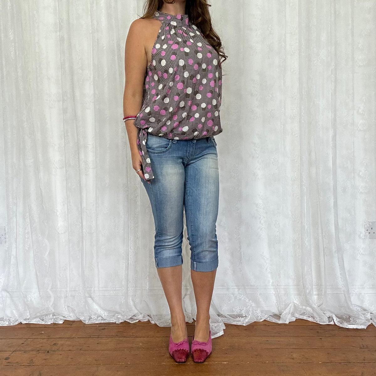 vintage 00s brown and pink polka dot top