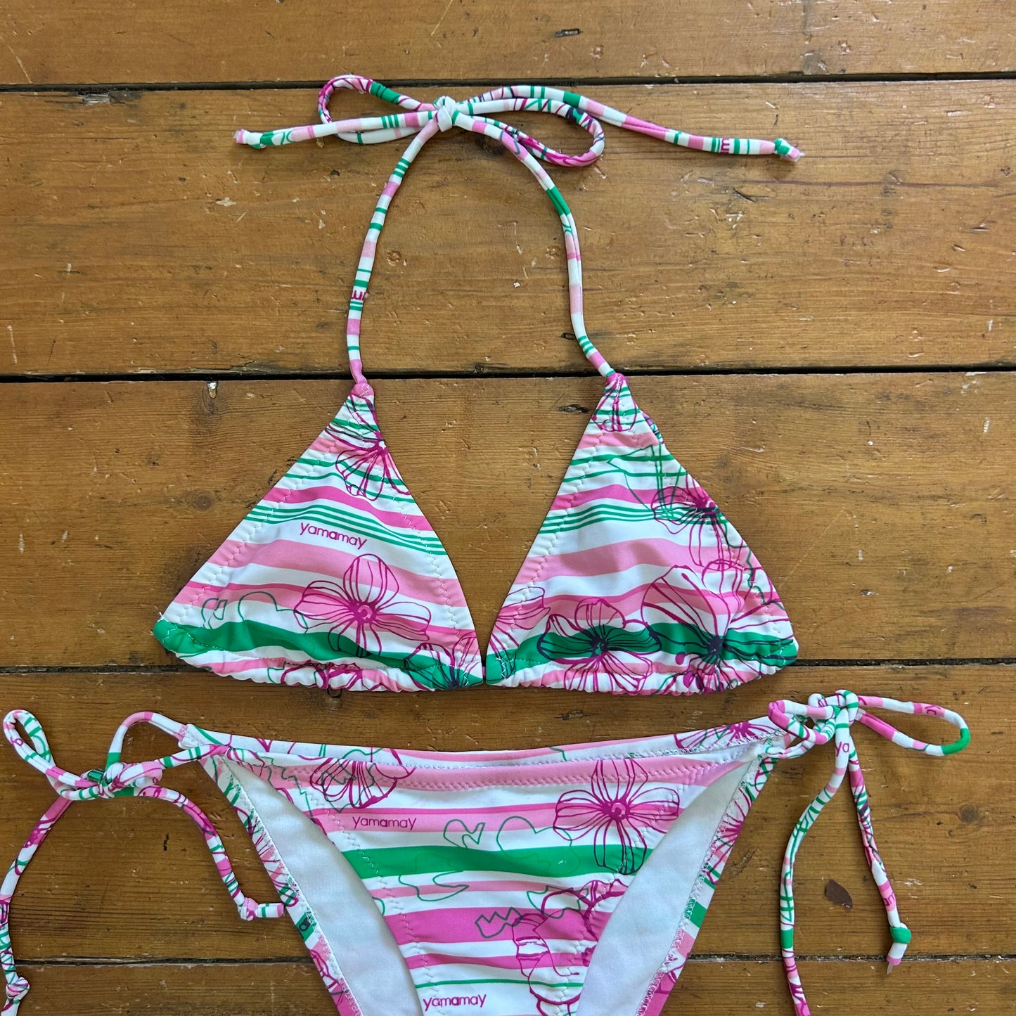 vintage 00s green and pink striped bikini